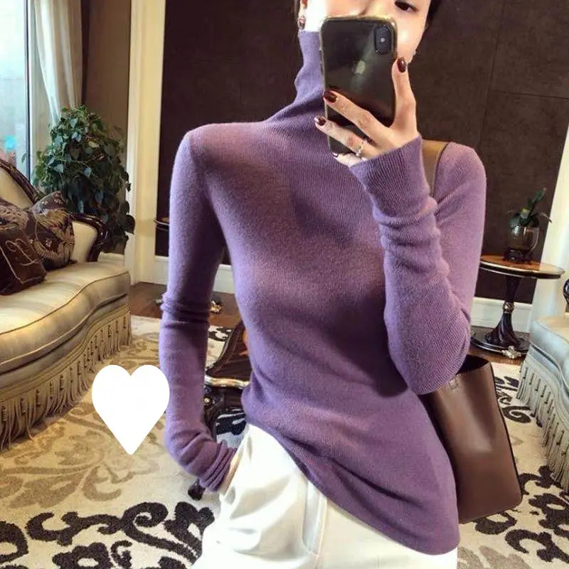 Women High Collar Knitted Sweater Purple Winter Top - Image 4