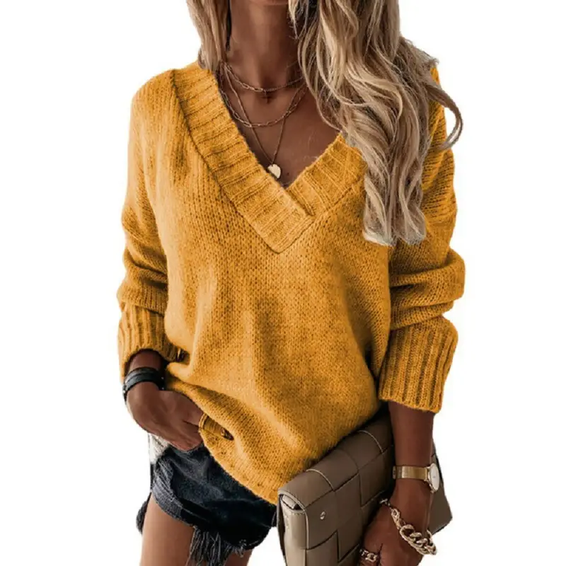 Women's V-Neck Knitted Pullover Sweaters Solid Color Autumn Winter - Image 4