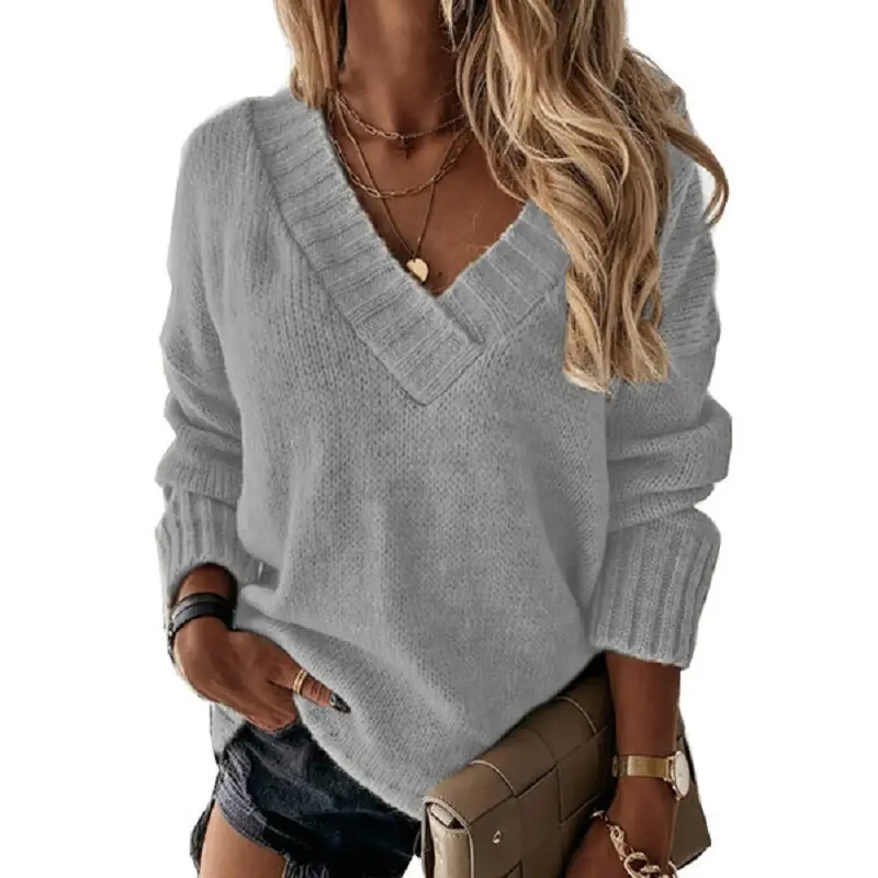 Women's V-Neck Knitted Pullover Sweaters Solid Color Autumn Winter - Image 5