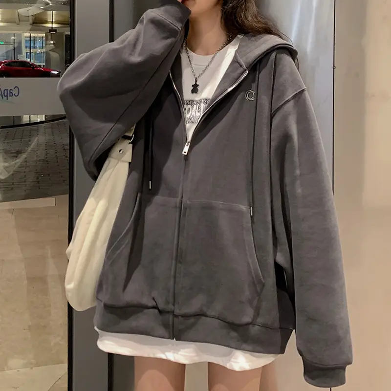 Women Grey Fleece Zip Hoodie Spring Autumn 2025 - Image 8