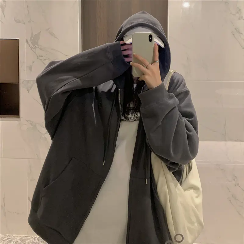 Women Grey Fleece Zip Hoodie Spring Autumn 2025 - Image 9