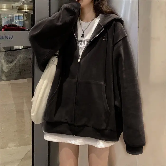 Women Grey Fleece Zip Hoodie Spring Autumn 2025 - Image 2