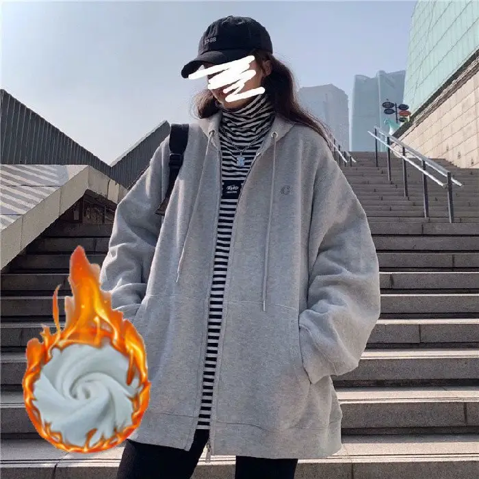 Women Grey Fleece Zip Hoodie Spring Autumn 2025 - Image 6