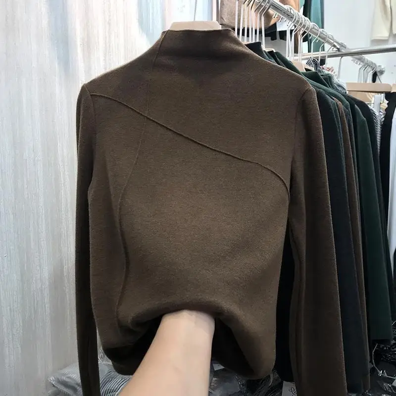 Women's 2025 Warm Half-High Collar T-Shirt Brown - Image 4
