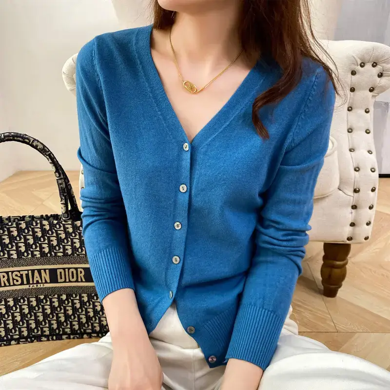 Women Red Knitted V-Neck Cardigan Long Sleeve - Image 12