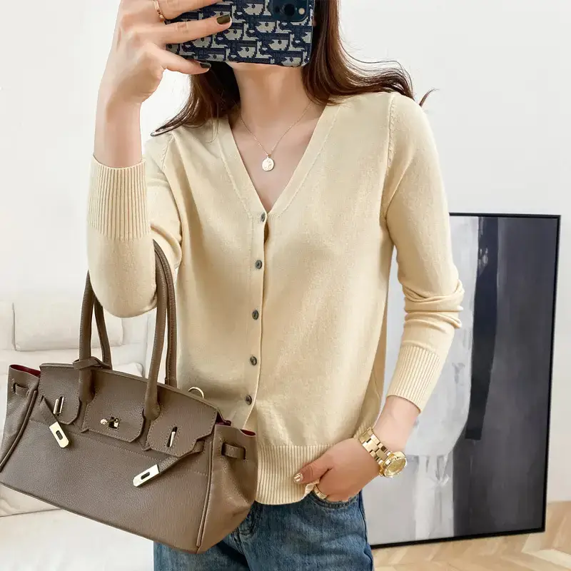 Women Red Knitted V-Neck Cardigan Long Sleeve - Image 8