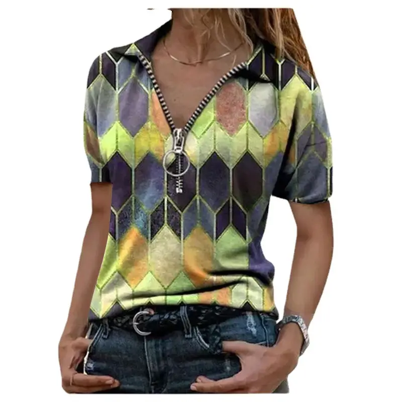 2024 Printed Zipper V Neck T-Shirt for Women Plus Size - Image 9