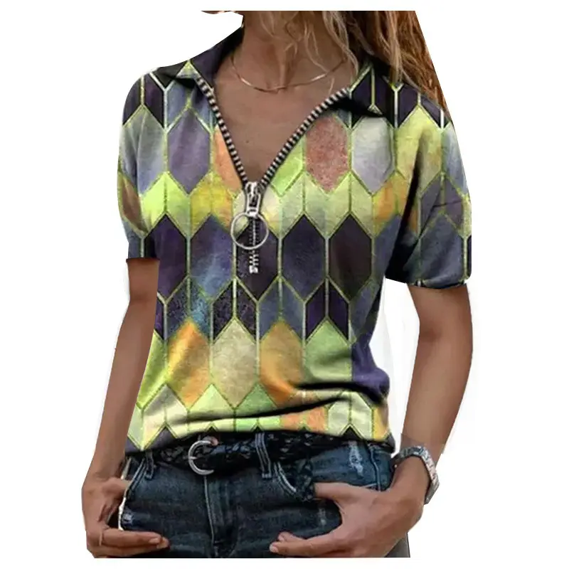 2024 Printed Zipper V Neck T-Shirt for Women Plus Size - Image 2