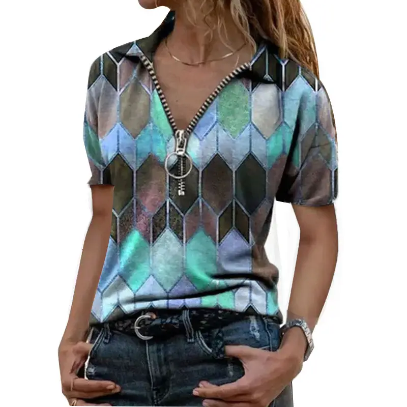 2024 Printed Zipper V Neck T-Shirt for Women Plus Size - Image 4