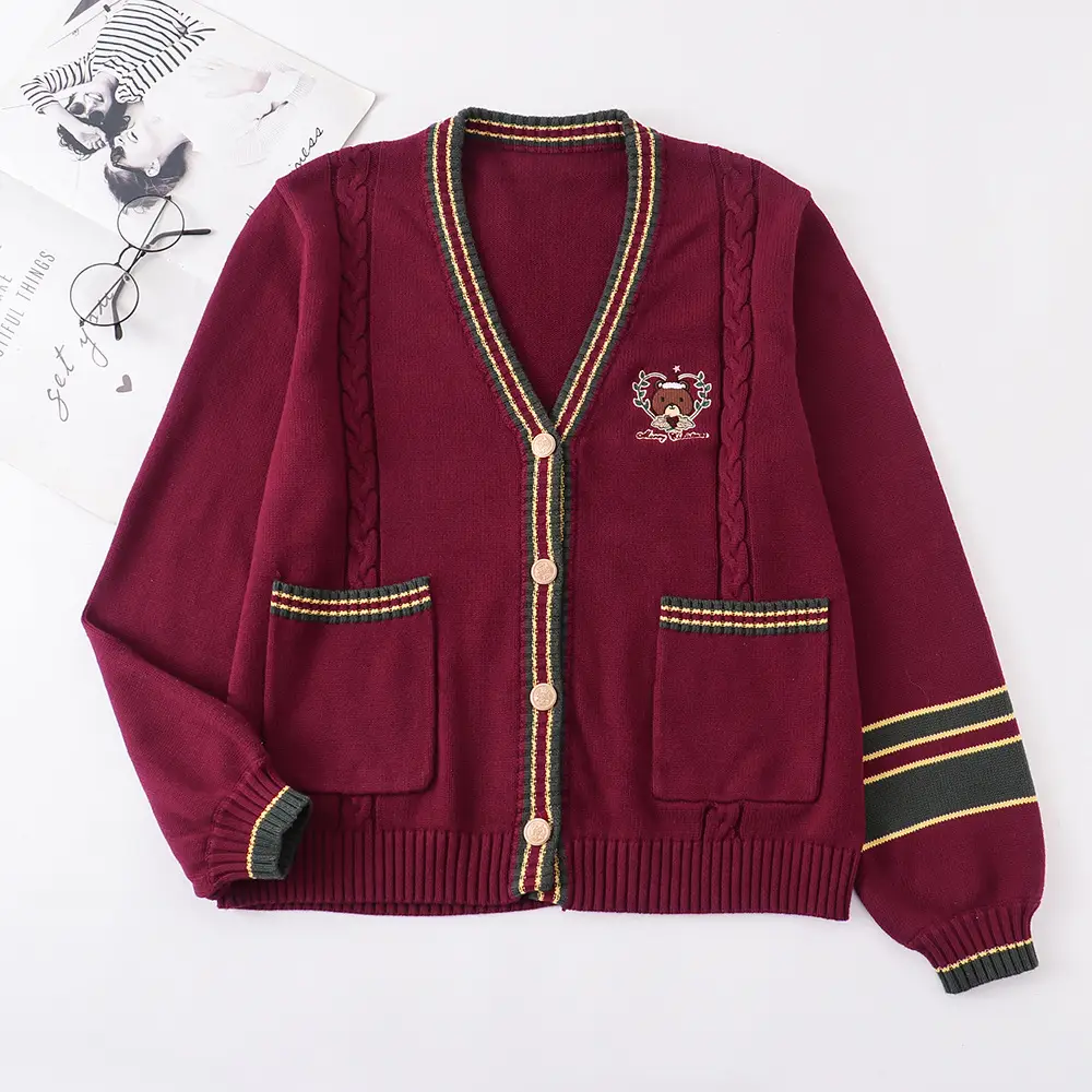 JK Uniform Embroidered Cardigan Sweater Red Coat Female College Style New Year Christmas Suit