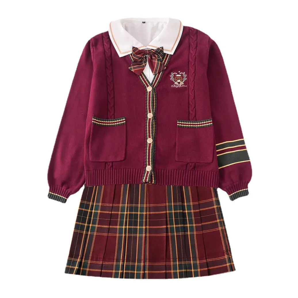 JK Uniform Embroidered Cardigan Sweater Red Coat Female College Style New Year Christmas Suit