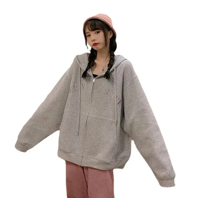 Women Grey Hooded Sweatshirt Autum 2025 Loose Zipper - Image 17