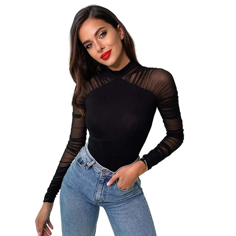 Black Long-Sleeve Mesh Crewneck One-Piece Suit - Image 6
