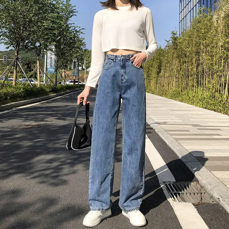 Women Jeans High Waist Slimming Straight Loose Wide Leg Pants Blue - Image 5