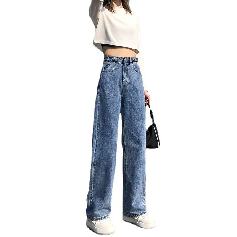 Women Jeans High Waist Slimming Straight Loose Wide Leg Pants Blue - Image 6