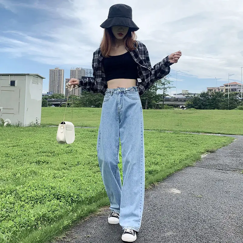 Women Jeans High Waist Slimming Straight Loose Wide Leg Pants Blue - Image 2