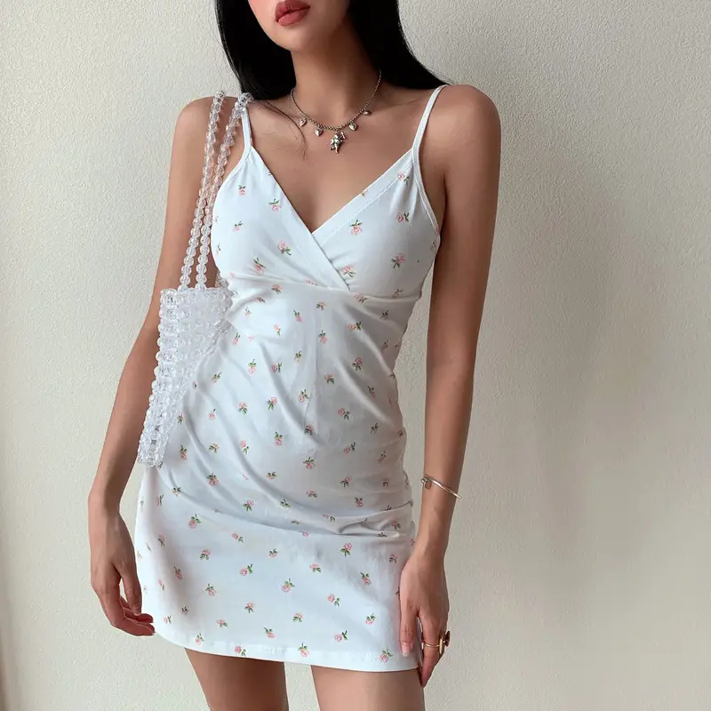 Women V-Neck Spaghetti Strap Dress White Floral Summer 2025 - Image 10