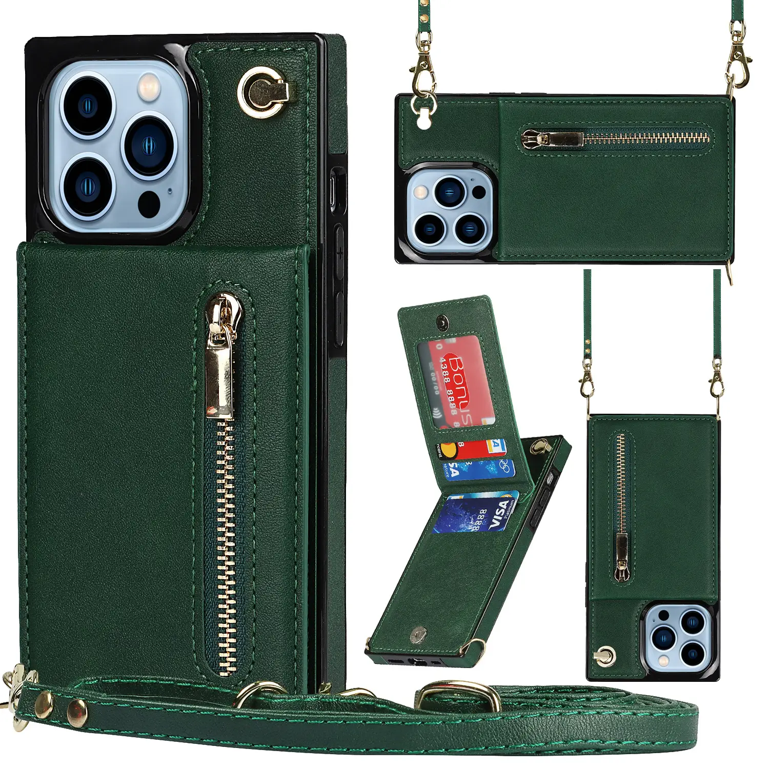 iPhone 17 Pro Max Crossbody Zipper Phone Case Leather Green - Image 10