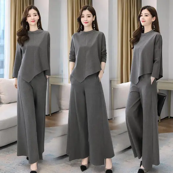 Women's Grey Wide Leg Pants Casual Suit 2021 - Image 5