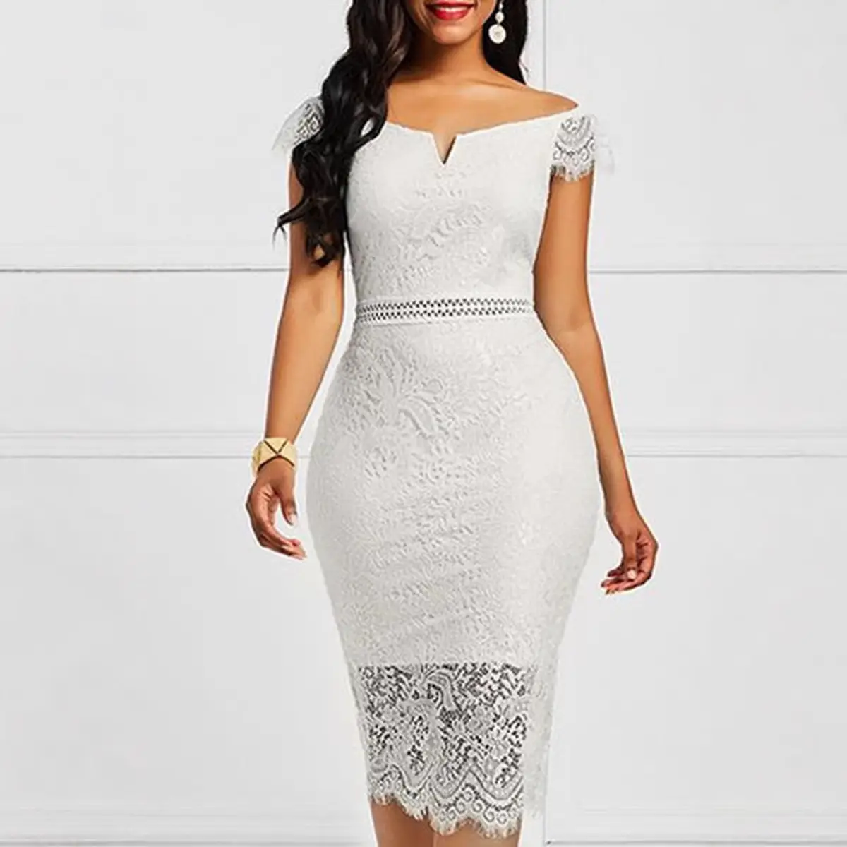 White Lace Mid-Length Evening Dress with Off-Shoulder V Neck - Image 7