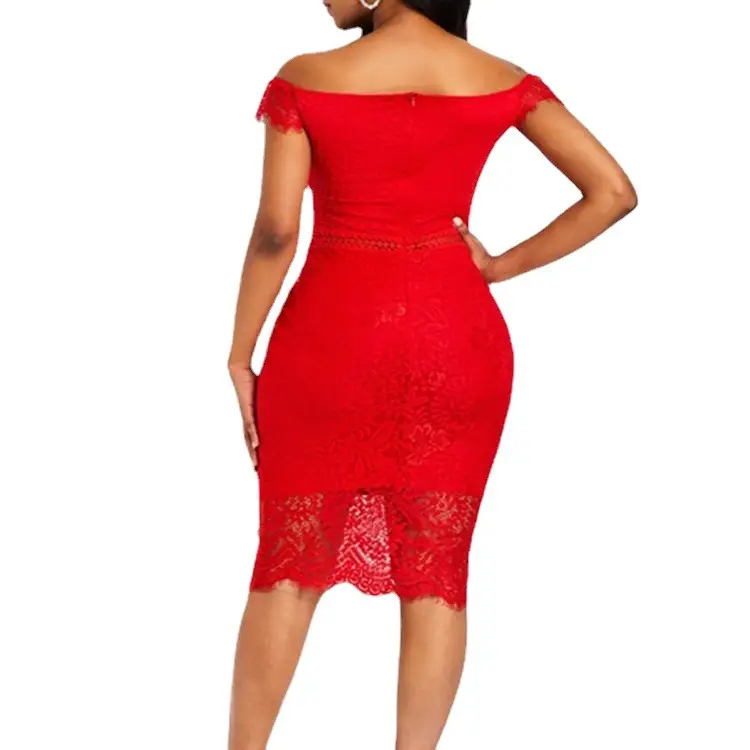 White Lace Mid-Length Evening Dress with Off-Shoulder V Neck - Image 9