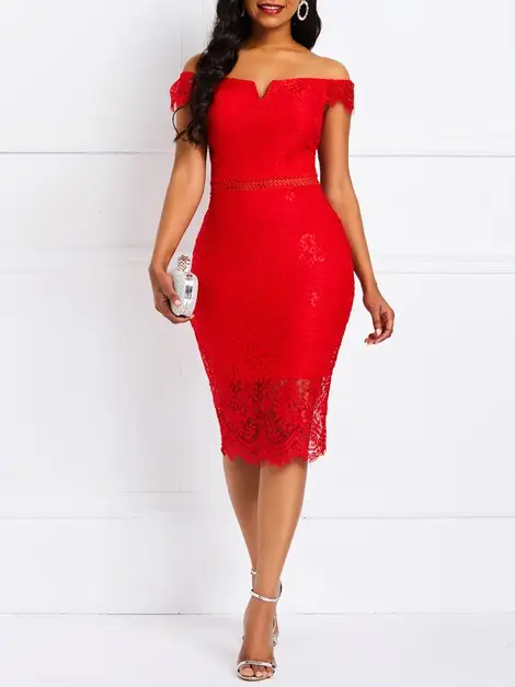 White Lace Mid-Length Evening Dress with Off-Shoulder V Neck - Image 2