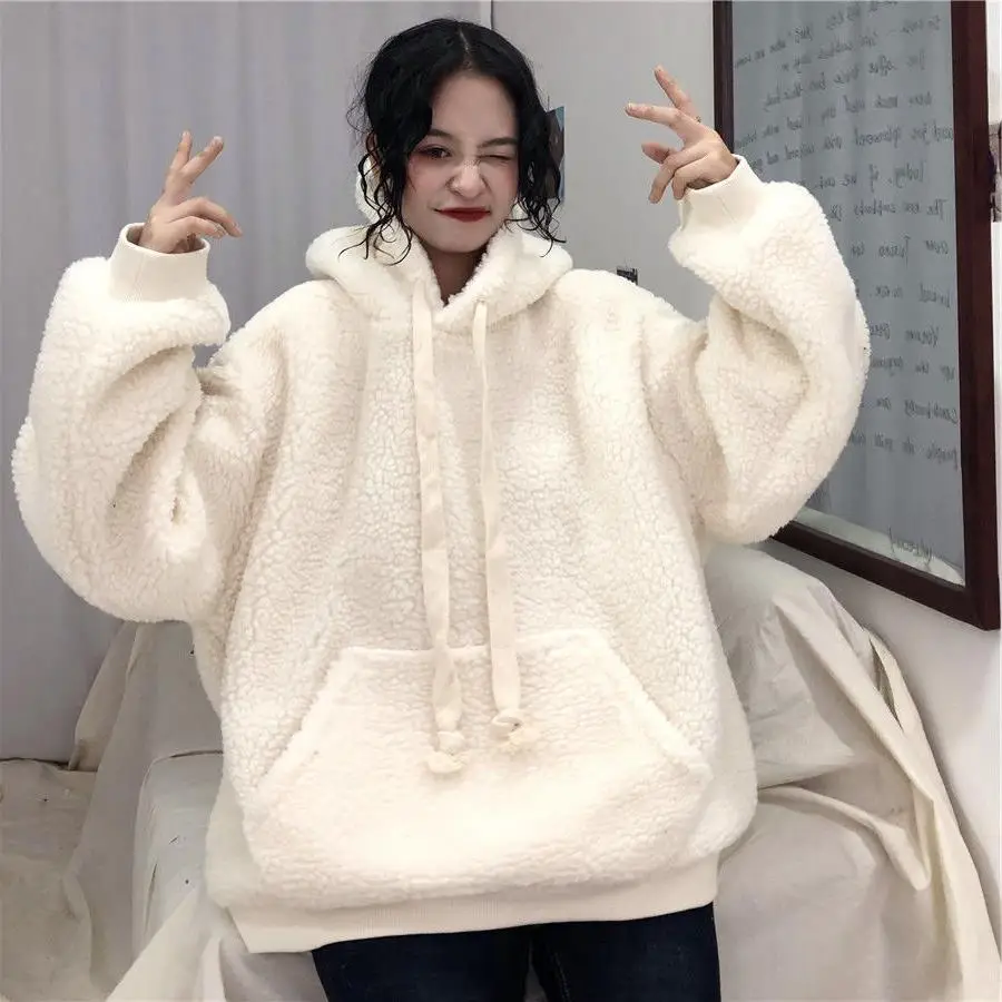Women Hooded Winter Jacket White Soft Velvet Japanese Style