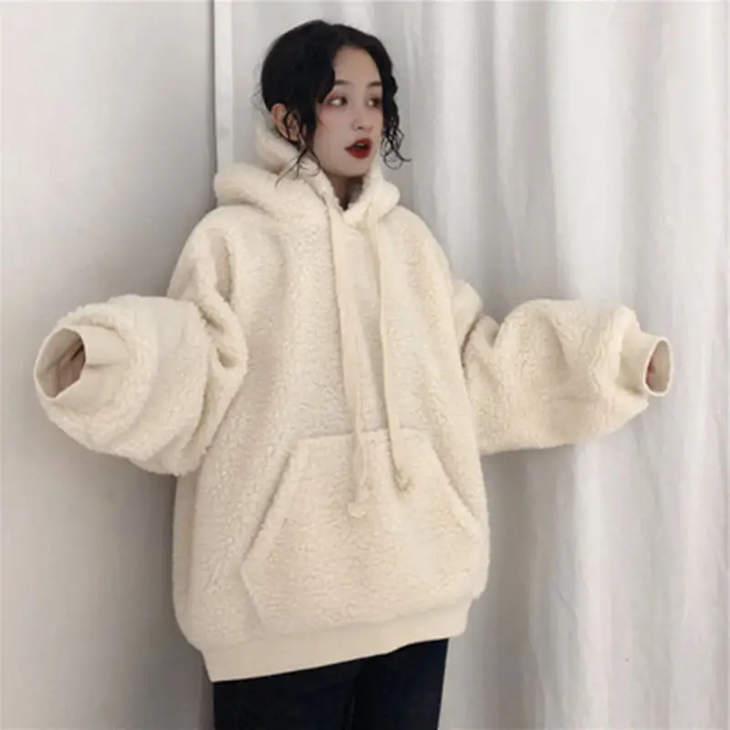 Women Hooded Winter Jacket White Soft Velvet Japanese Style