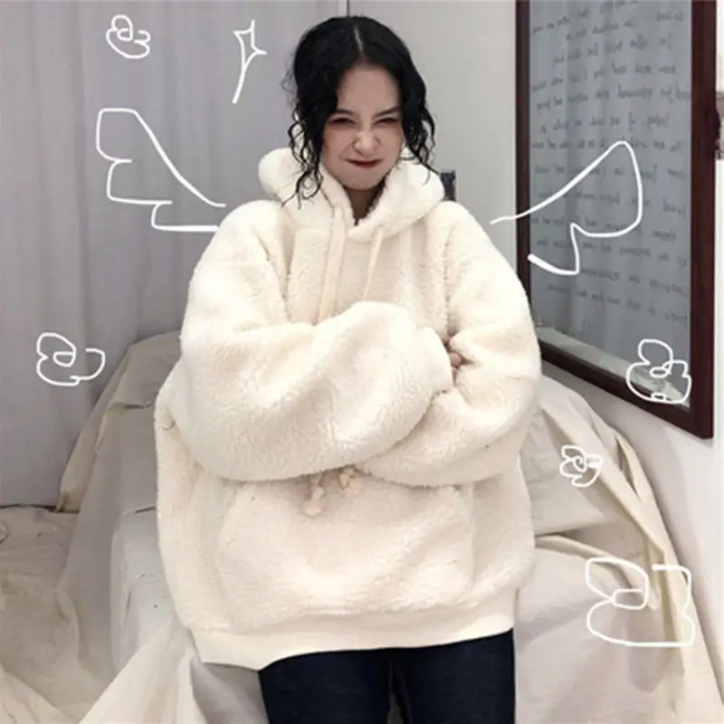 Women Hooded Winter Jacket White Soft Velvet Japanese Style