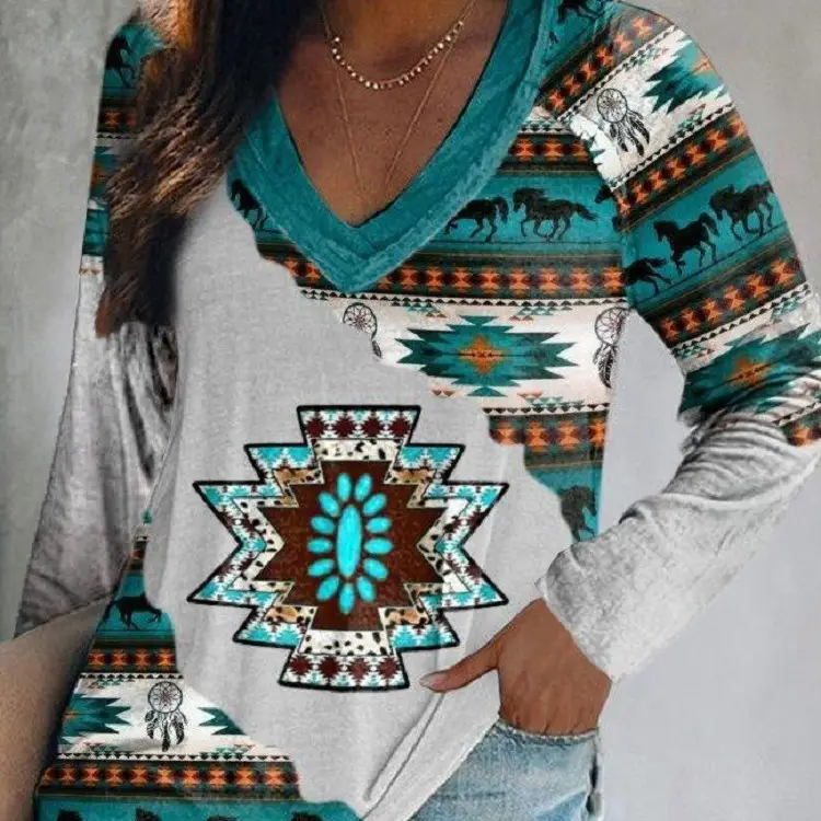 2021 Foreign Trade Cross-border Women's Fashion Loose Round Neck Digital Printing Western V-neck T-shirt Long Sleeve Top 6903