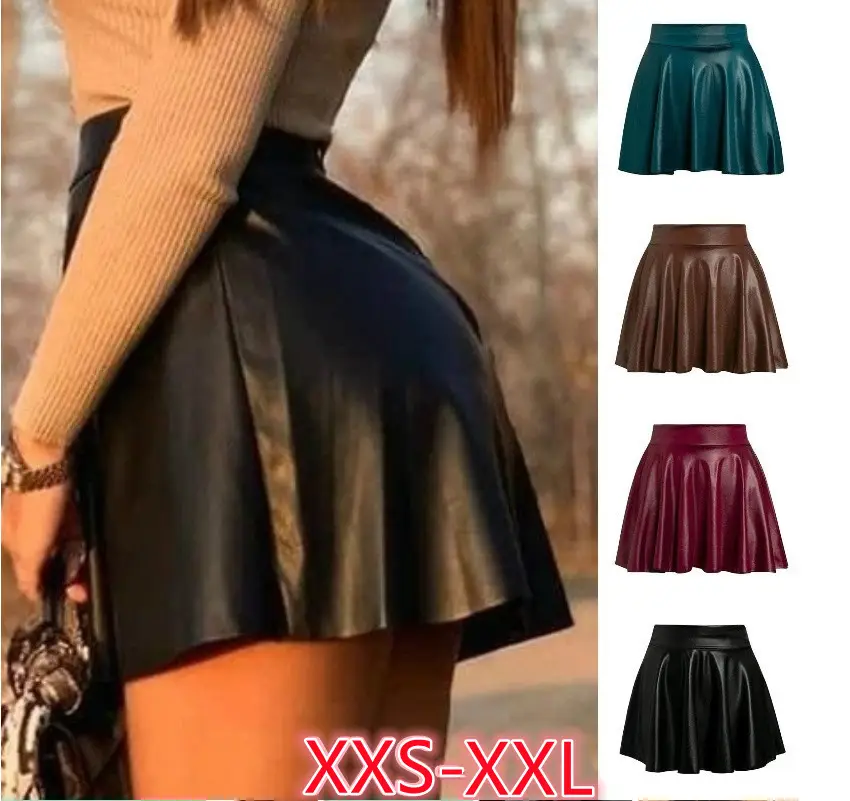 Women's Green Pleated Leather Skirt Large Size — feature 5
