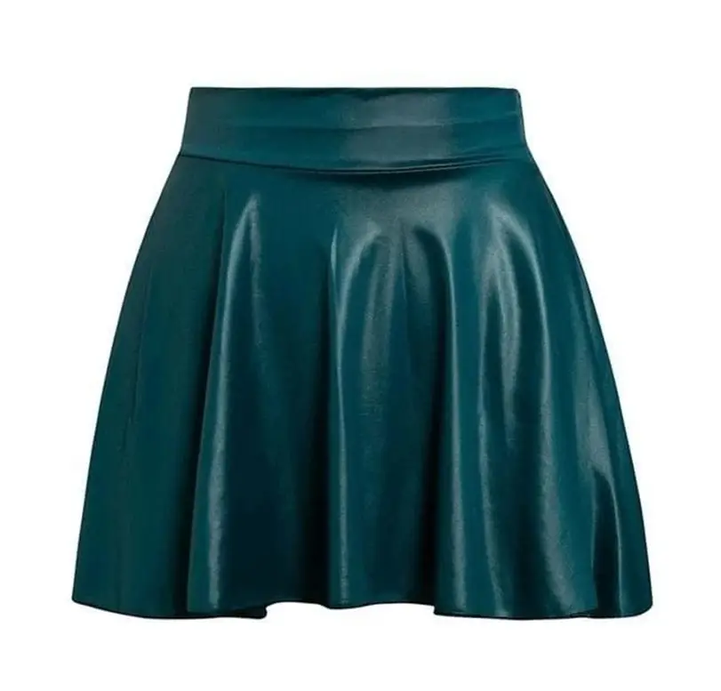 Women's Green Pleated Leather Skirt Large Size - Image 3