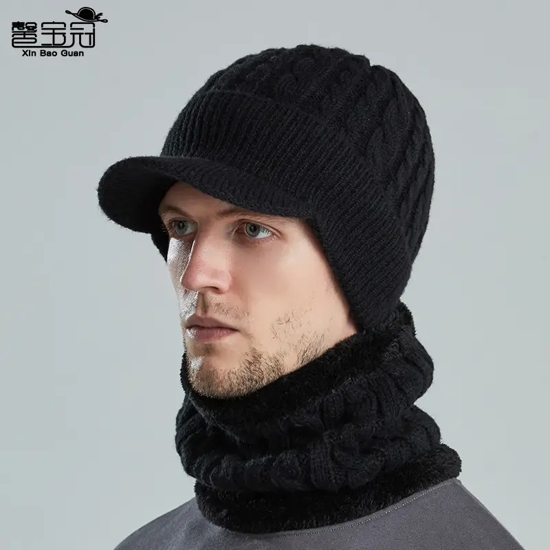 Men's Black Fleece Lined Winter Beanie with Neck Warmer - Image 5