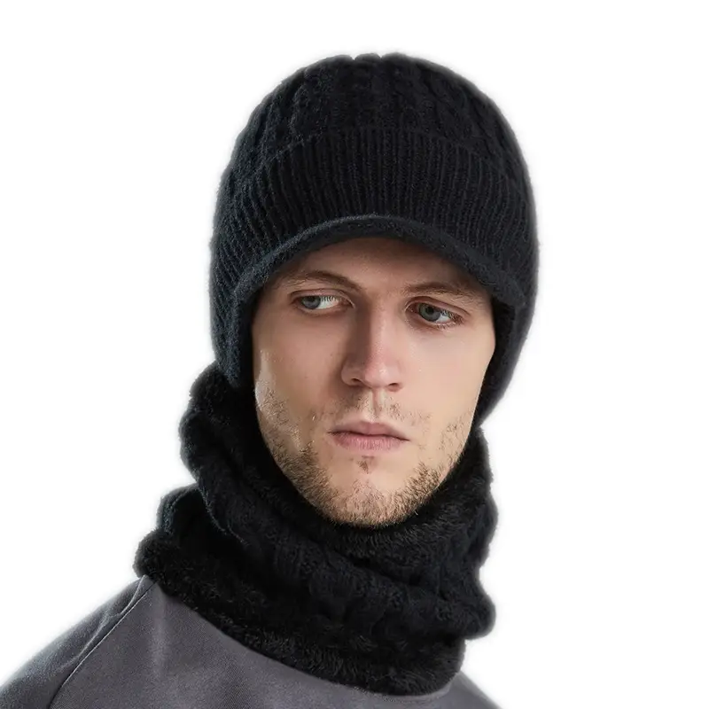 Men's Black Fleece Lined Winter Beanie with Neck Warmer - Image 6