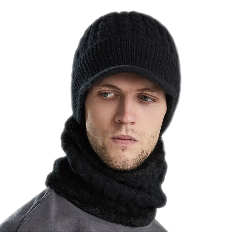 Men's Black Fleece Lined Winter Beanie with Neck Warmer