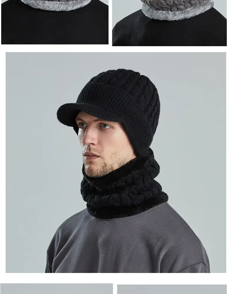 Men's Black Fleece Lined Winter Beanie with Neck Warmer — feature 11