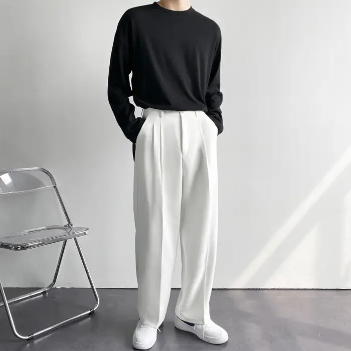 Men's Hong Kong-style Loose Straight Pants Beige White Suit - Image 8