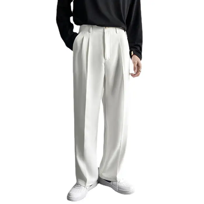 Men's Hong Kong-style Loose Straight Pants Beige White Suit - Image 9
