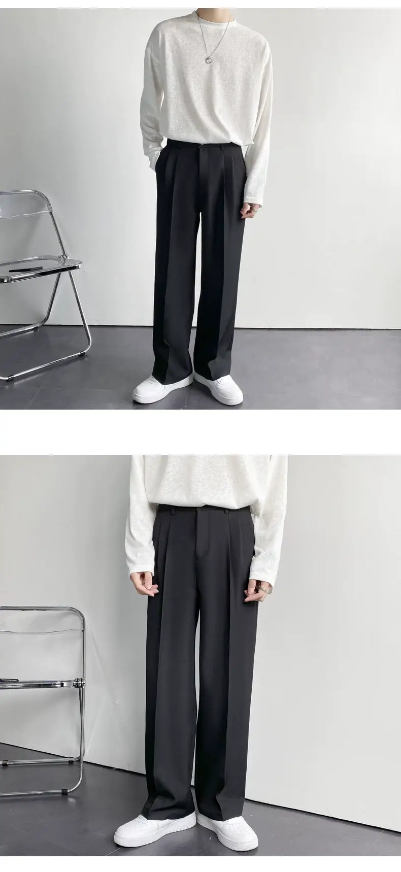 Men's Hong Kong-style Loose Straight Pants Beige White Suit — feature 10
