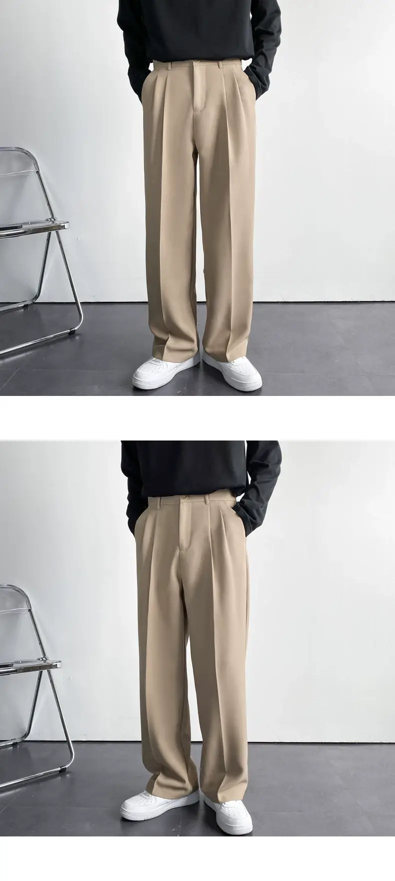Men's Hong Kong-style Loose Straight Pants Beige White Suit — feature 11