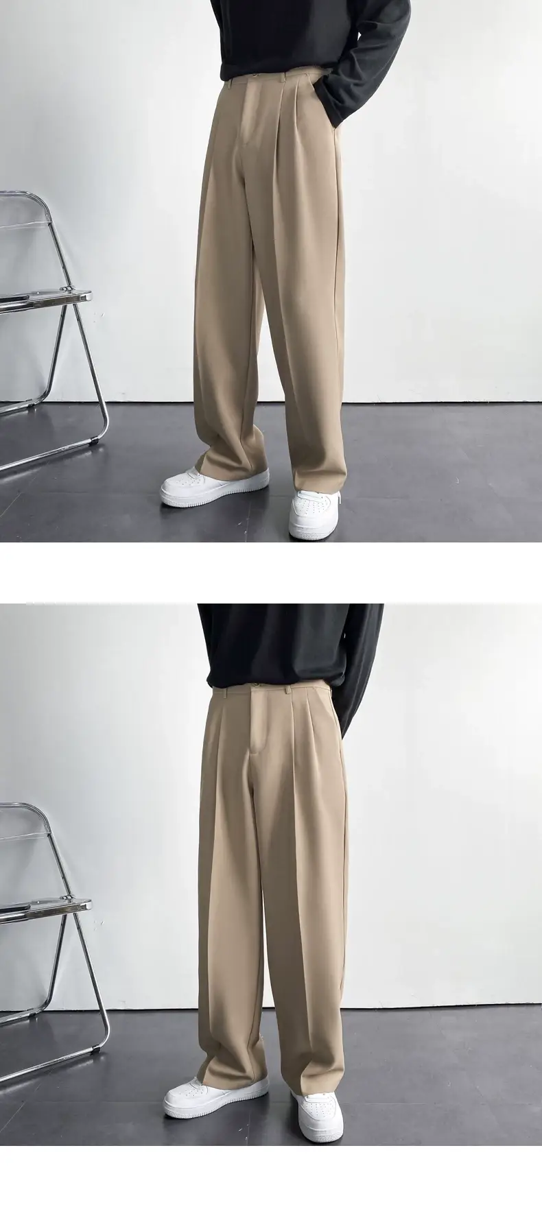 Men's Hong Kong-style Loose Straight Pants Beige White Suit — feature 12