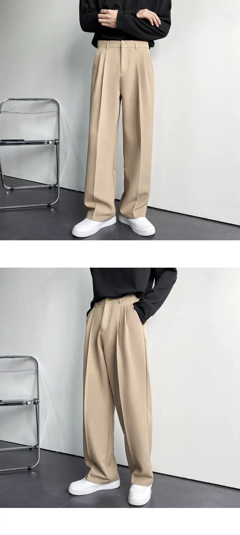 Men's Hong Kong-style Loose Straight Pants Beige White Suit — feature 13