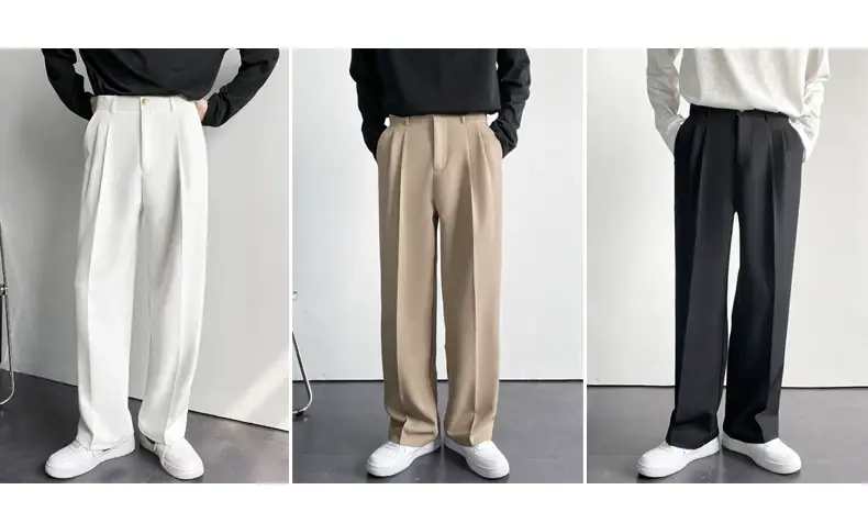 Men's Hong Kong-style Loose Straight Pants Beige White Suit — feature 3