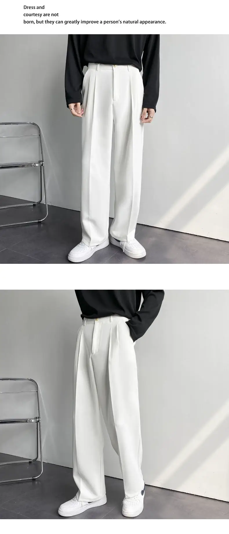 Men's Hong Kong-style Loose Straight Pants Beige White Suit — feature 4