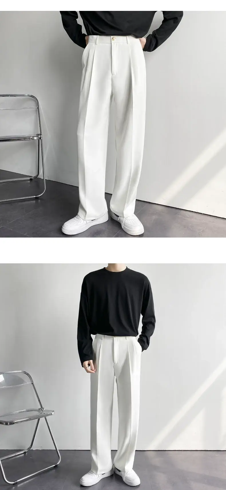 Men's Hong Kong-style Loose Straight Pants Beige White Suit — feature 5