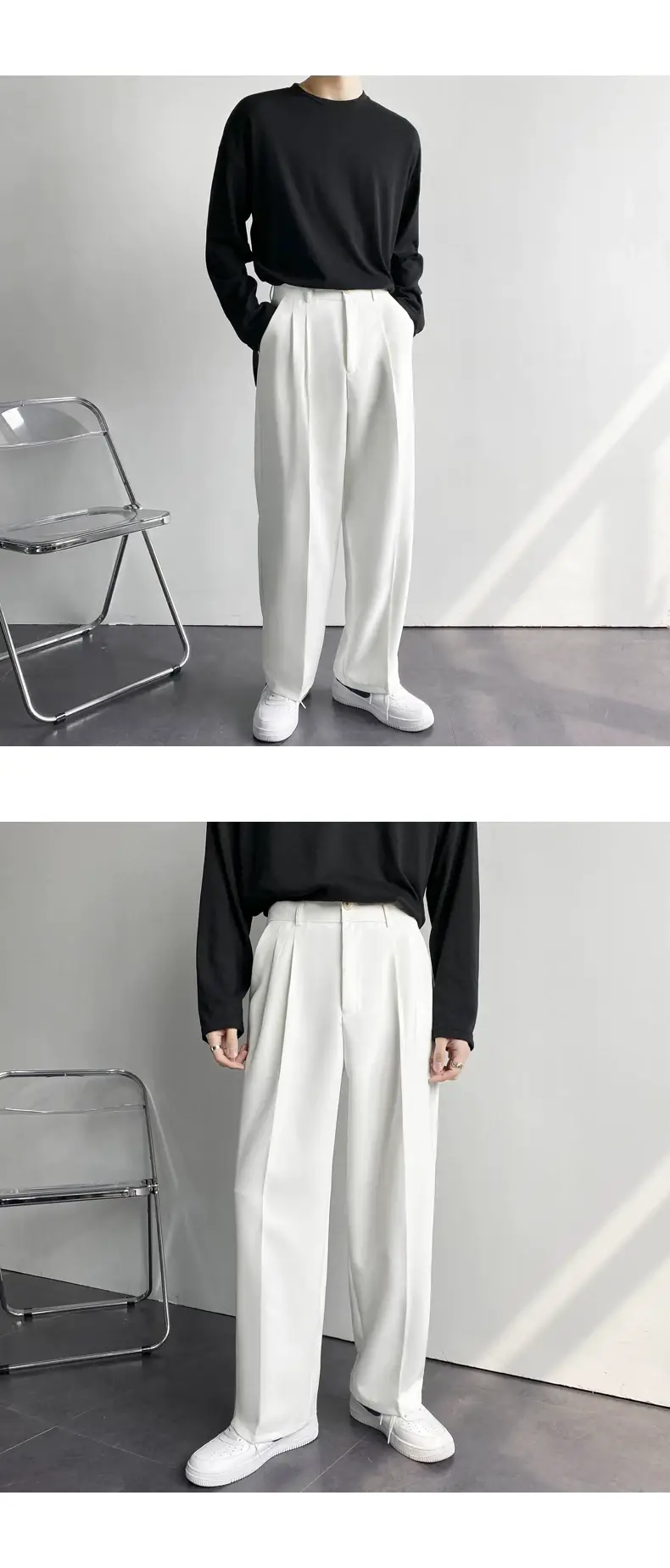 Men's Hong Kong-style Loose Straight Pants Beige White Suit — feature 6