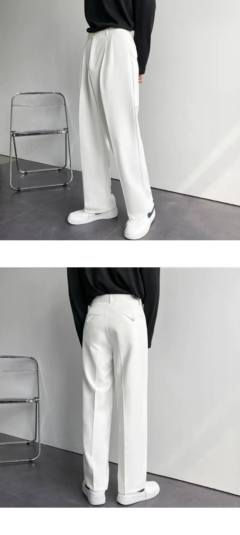 Men's Hong Kong-style Loose Straight Pants Beige White Suit — feature 7