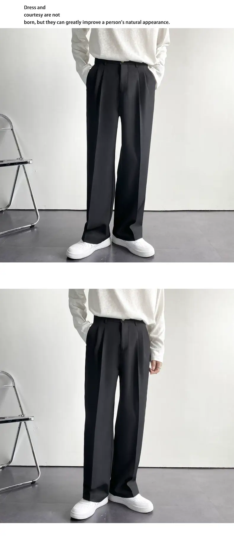 Men's Hong Kong-style Loose Straight Pants Beige White Suit — feature 8