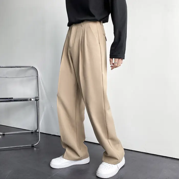 Men's Hong Kong-style Loose Straight Pants Beige White Suit - Image 2