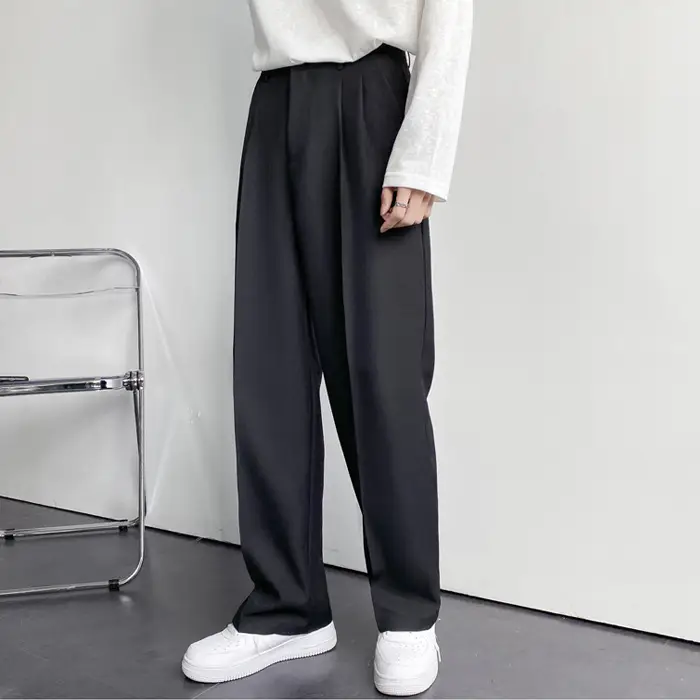 Men's Hong Kong-style Loose Straight Pants Beige White Suit - Image 3